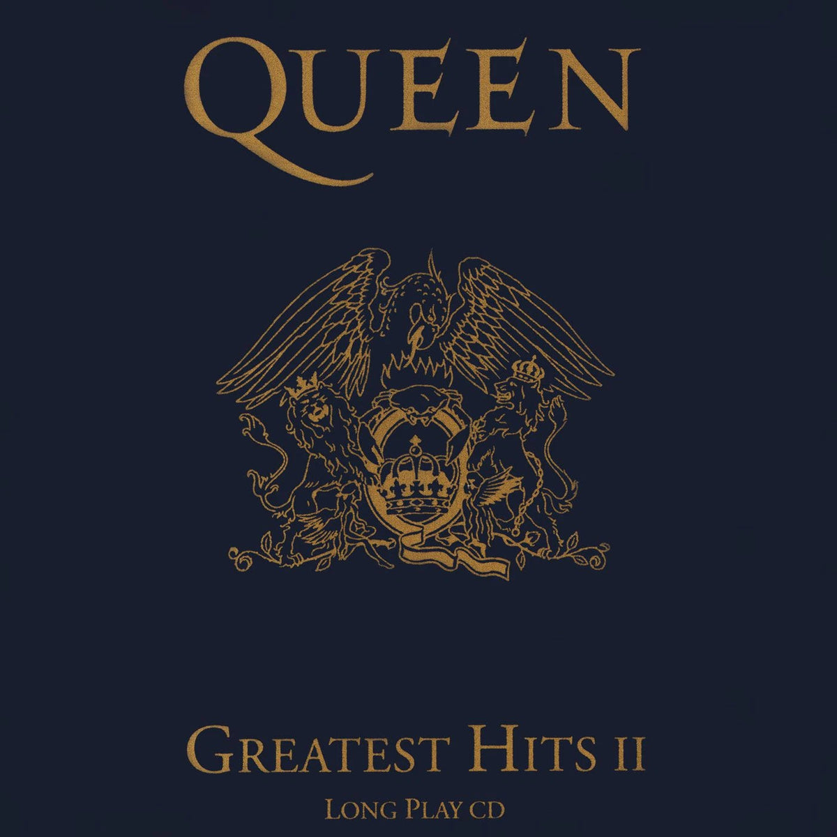 Queen Greatest Hits II Long Play CD cover art featuring a dark navy blue background with gold lettering and a central crest illustration.