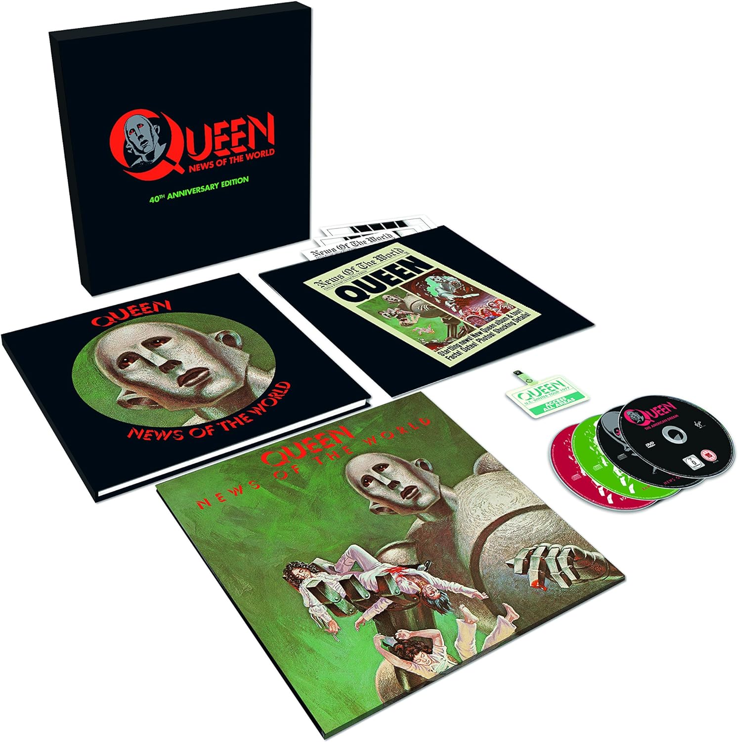 The image shows the Queen News Of The World 40th Anniversary Edition box set which includes various CDs, a vinyl record, a DVD, and printed materials displayed alongside the packaging.