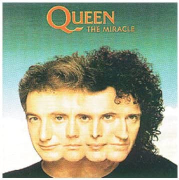 Audio CD cover of Queen album 'The Miracle' featuring a collage of the band members' faces in a tripletone color scheme.