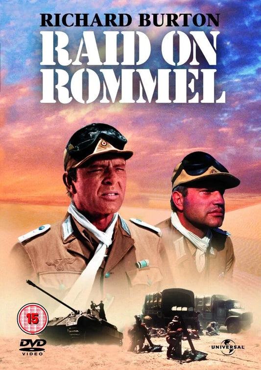DVD cover for the film 'Raid on Rommel' starring Richard Burton, featuring a desert battle scene with military vehicles and soldiers under a dramatic blue and orange sky.