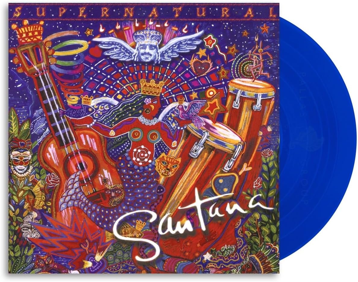 Vinyl record with colorful cover featuring an angel, guitar, and drums, with 'Supernatural' and 'Santana' text.