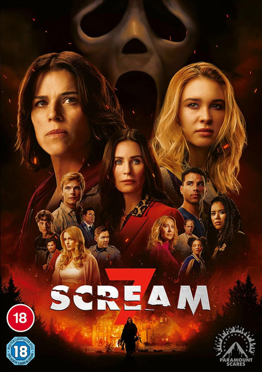 Movie poster for 'Scream 7' featuring characters and a ghost face mask.