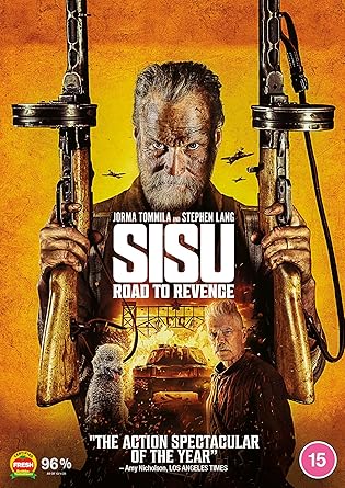 Movie poster for 'Sisu: Road to Revenge' with a man holding guns against an orange background.