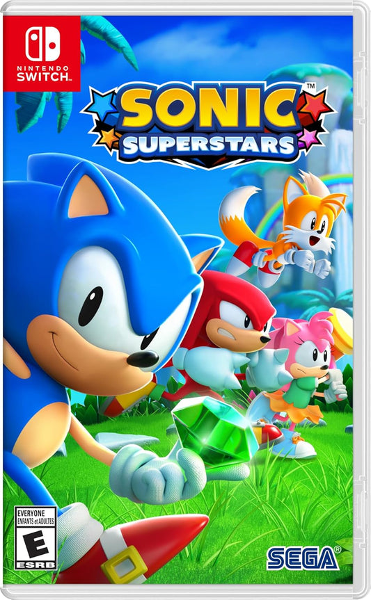 Cover art for Sonic Superstars game on Nintendo Switch featuring animated characters Sonic and Tails, with human characters and antagonist Dr. Eggman in the background.