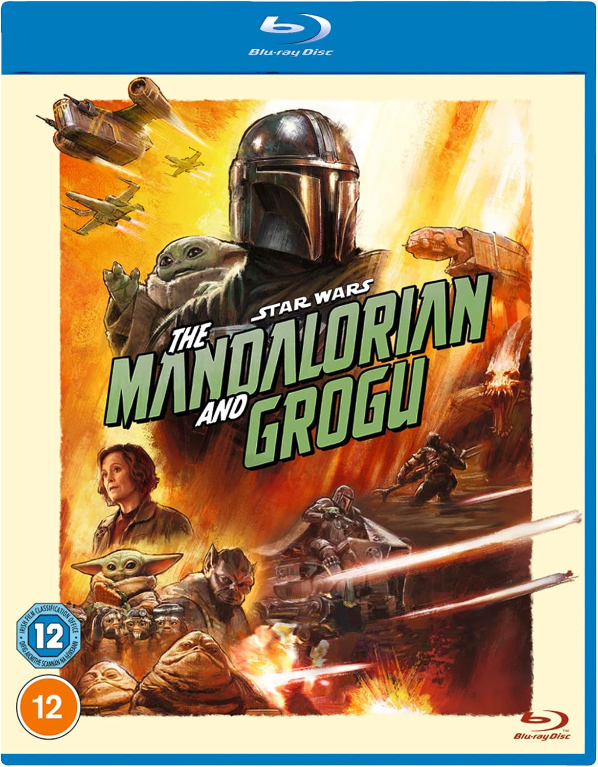 The Mandalorian and Grogu Blu-ray cover art on a blue Blu-ray case. The cover features Star Wars branding, a 12 age rating badge, and detailed artwork of the Mandalorian, Grogu, and other characters in an action scene.