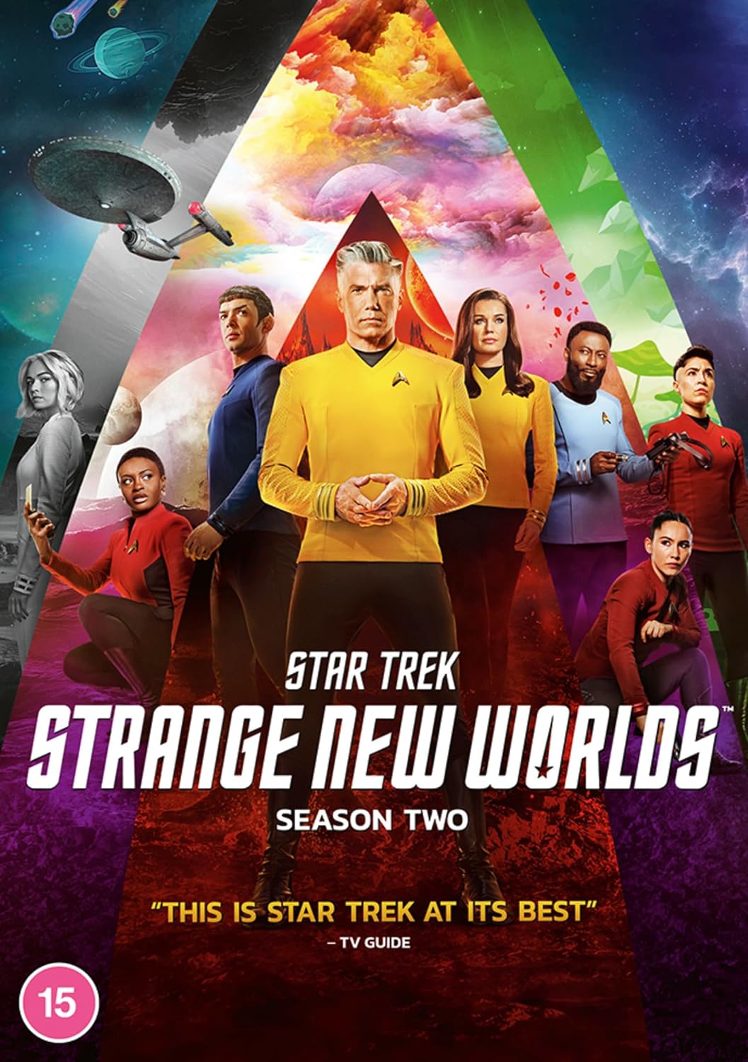 DVD cover for 'Star Trek: Strange New Worlds - Season 2' featuring a collage of the main characters in the series, with a colorful background.