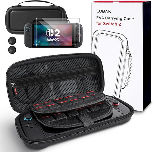 CoBak Large Capacity Carrying Case for Nintendo Switch 2 (2025) - 3 in 1 Accessories Bundle with 2 Screen Protectors, Thumb Grip Caps, 24 Game Cards/microSD | Gift Box Edition (Black)