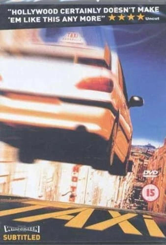 DVD cover for the movie 'Taxi' featuring a flying taxi car, a blue sky, and a city street scene. Text at the top reads 'HOLLYWOOD CERTAINLY DOESN'T MAKE EM LIKE THIS ANY MORE' with a four-star rating and 'Uncut' label.