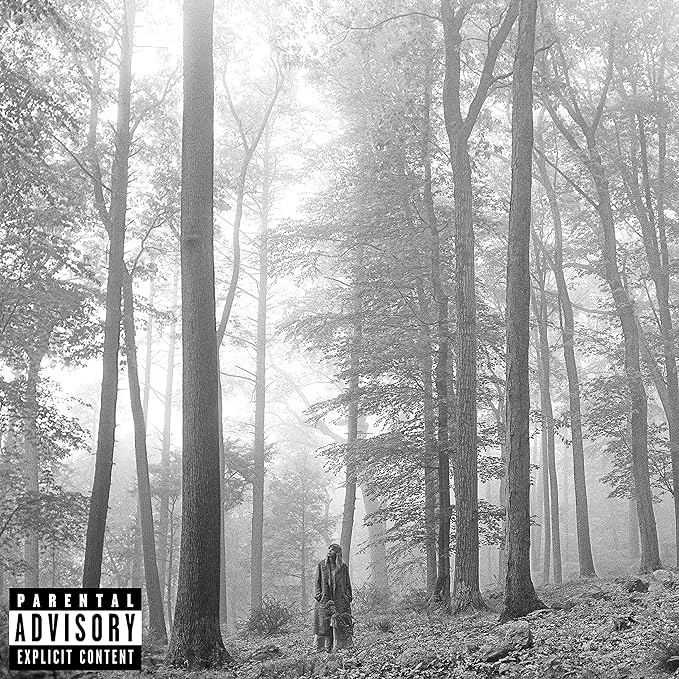 The image depicts a serene and misty forest scene, likely intended as a visual representation of the album 'folklore' by Taylor Swift, which features a cover with a similar forest and sky motif. The image emphasizes the natural and mystical theme suggested by the album's title and content.