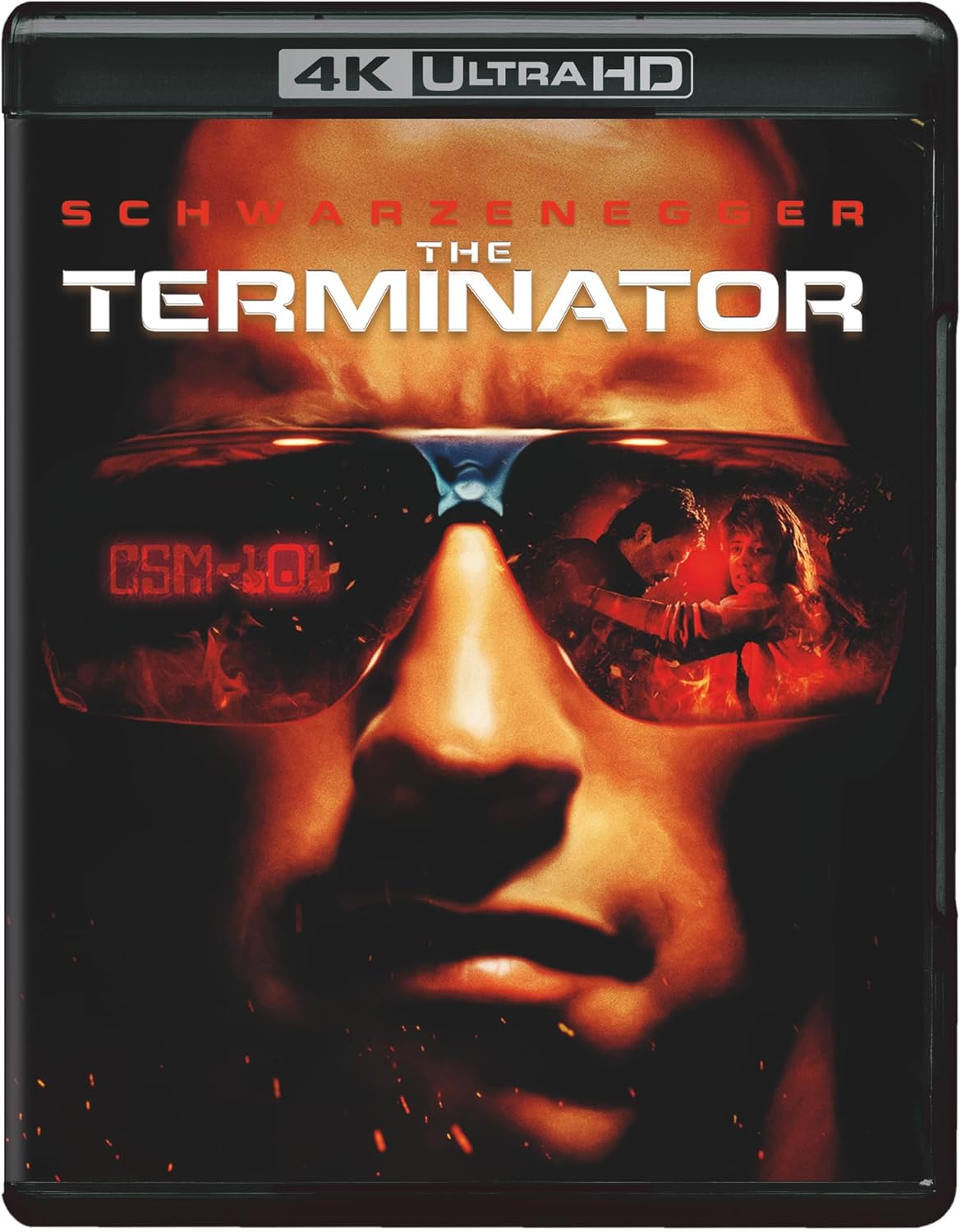DVD cover for the movie 'The Terminator' featuring a close-up image of Arnold Schwarzenegger with sunglasses and a cybernetic enhancement on his left eye, indicating a 4K Ultra HD Blu-ray edition.