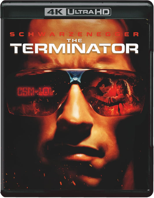 DVD cover for the movie 'The Terminator' featuring a close-up image of Arnold Schwarzenegger with sunglasses and a cybernetic enhancement on his left eye, indicating a 4K Ultra HD Blu-ray edition.