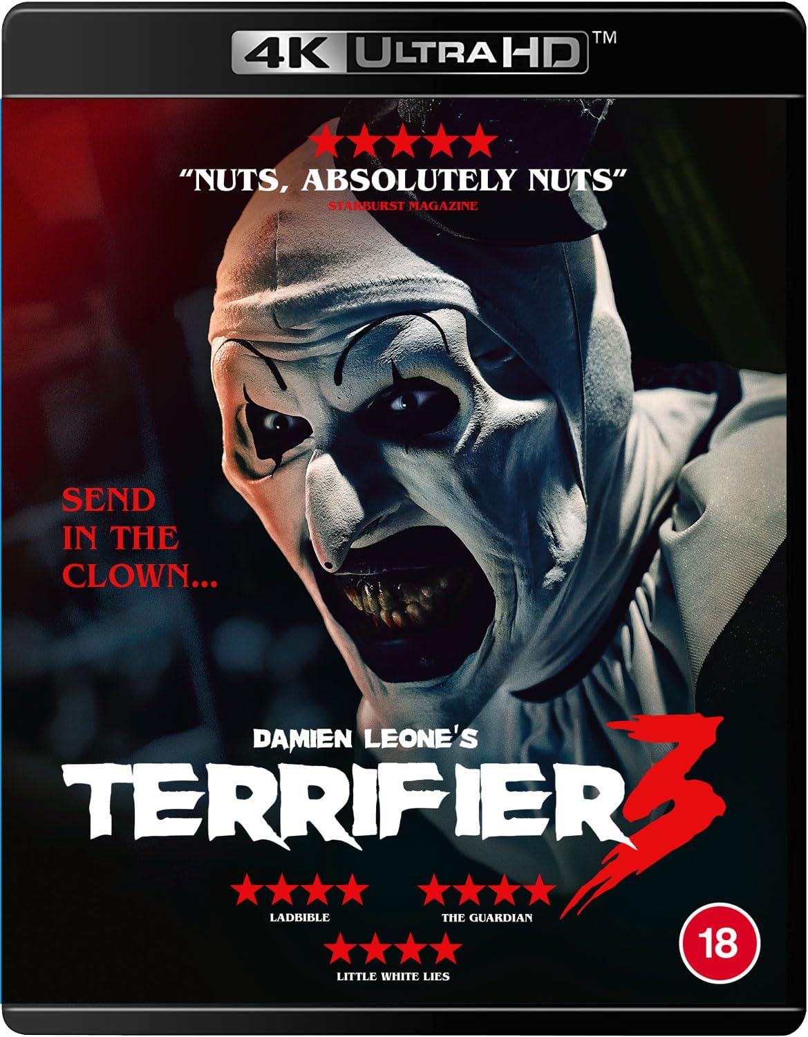 A DVD cover for 'Terrifier 3' featuring a terrifying clown character, with the movie's title and a list of stars, including Damien Leone, David Howard Thornton, and Lauren LaVera. The cover indicates a 4K UHD format and includes various symbols indicating a horror genre film.