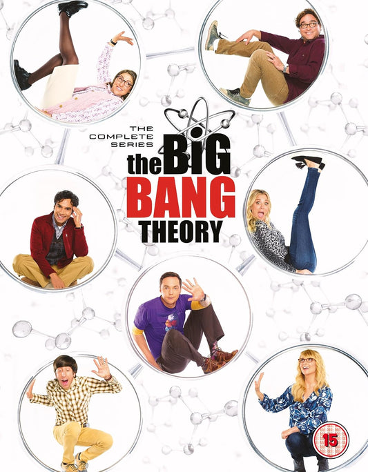 DVD box set cover for 'The Big Bang Theory' complete series with character portraits.