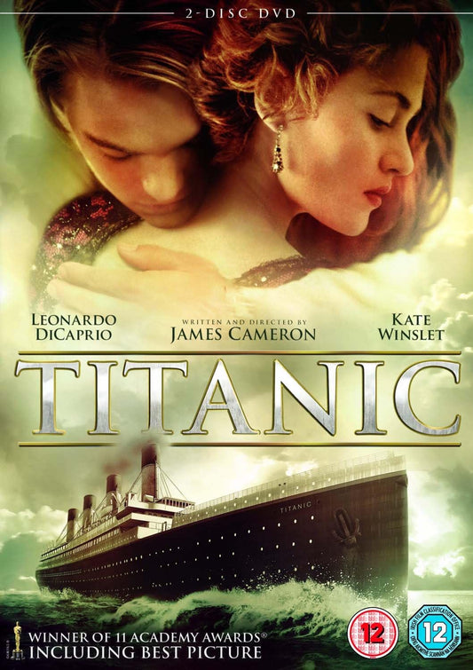 DVD cover of the movie Titanic featuring images of the ship and actors Leonardo DiCaprio and Kate Winslet.