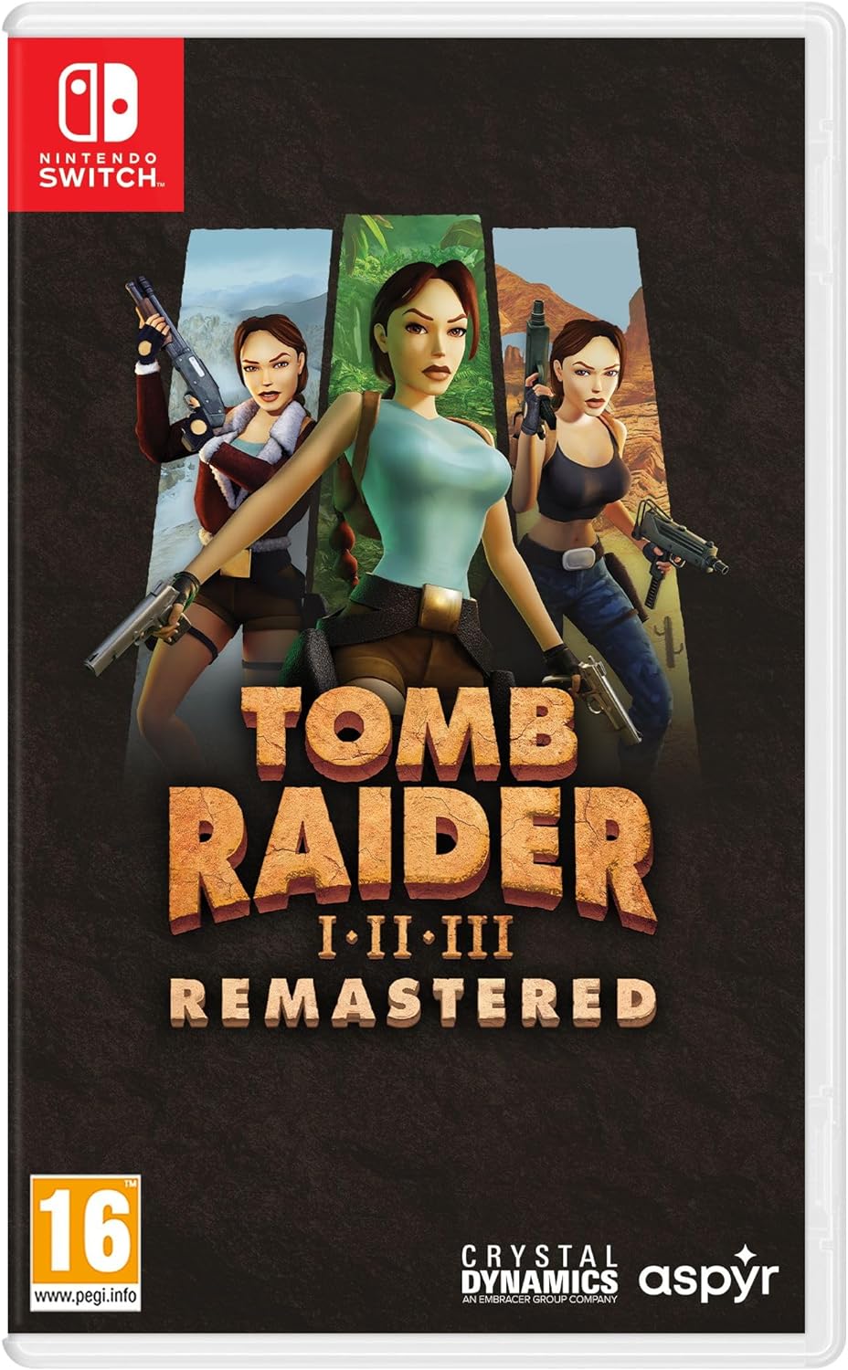 A cover image for the Nintendo Switch game 'Tomb Raider 1-3 Remastered', featuring an illustration of the character Lara Croft in a desert environment.