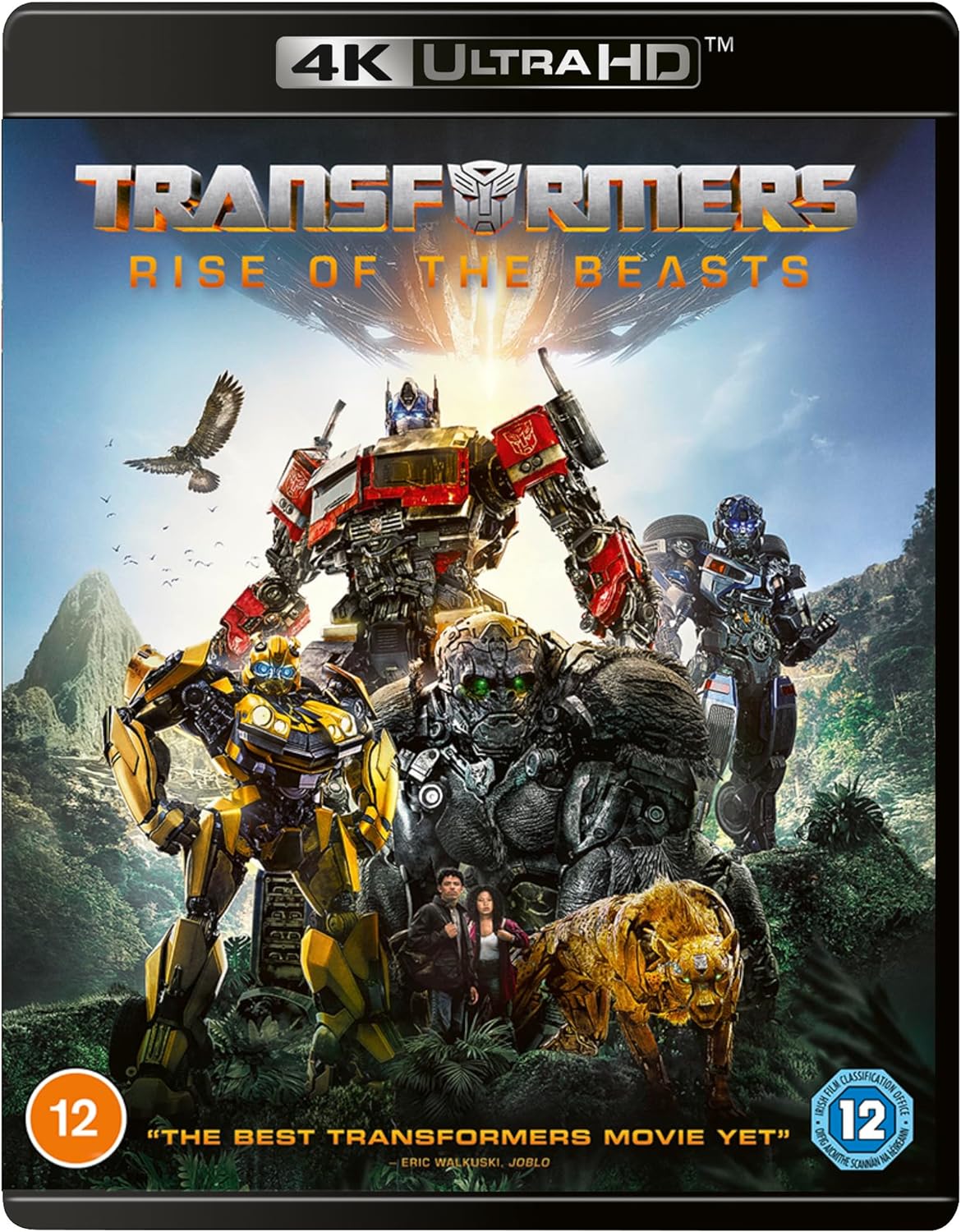 Cover of the Transformers: Rise of the Beasts 4K UHD Blu-ray showing animated characters Optimus Prime, Bumblebee, and others against a natural background.