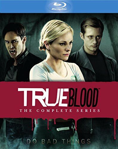 A promotional image featuring three characters from the TV series 'True Blood', with the show's title 'True Blood: The Complete Series' displayed.
