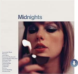 Cover art for Taylor Swift's 'Midnights' album featuring a close-up shot of Taylor Swift with a lit candle in the background, indicating a thematic connection to the album's title and tracks about midnight and moonstone.