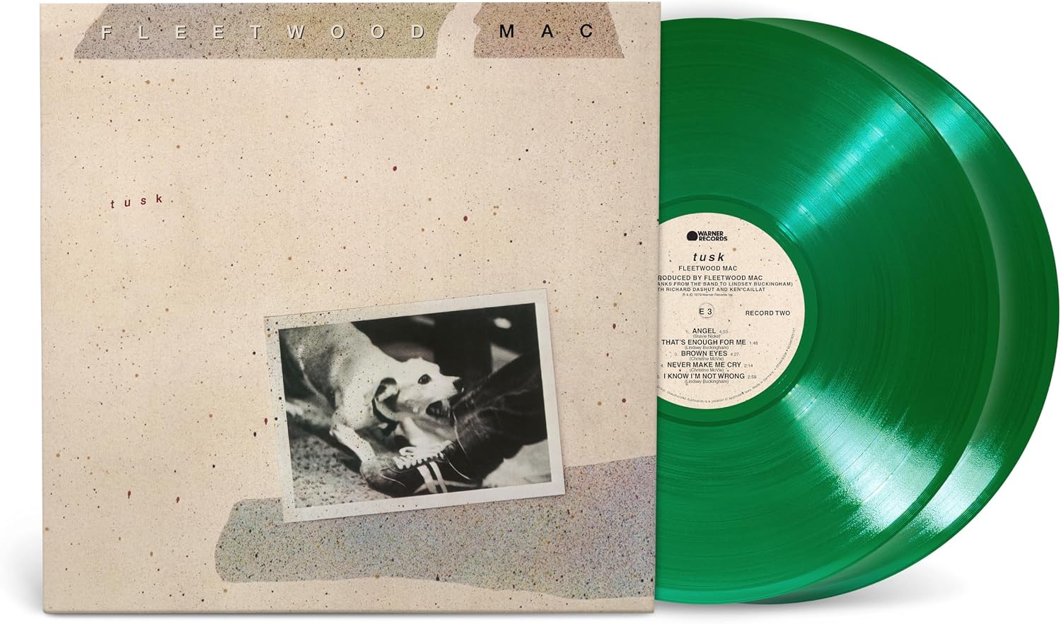 Fleetwood Mac - 'Rumours' vinyl record album with the beige paper sleeve and a translucent green record partially visible.
