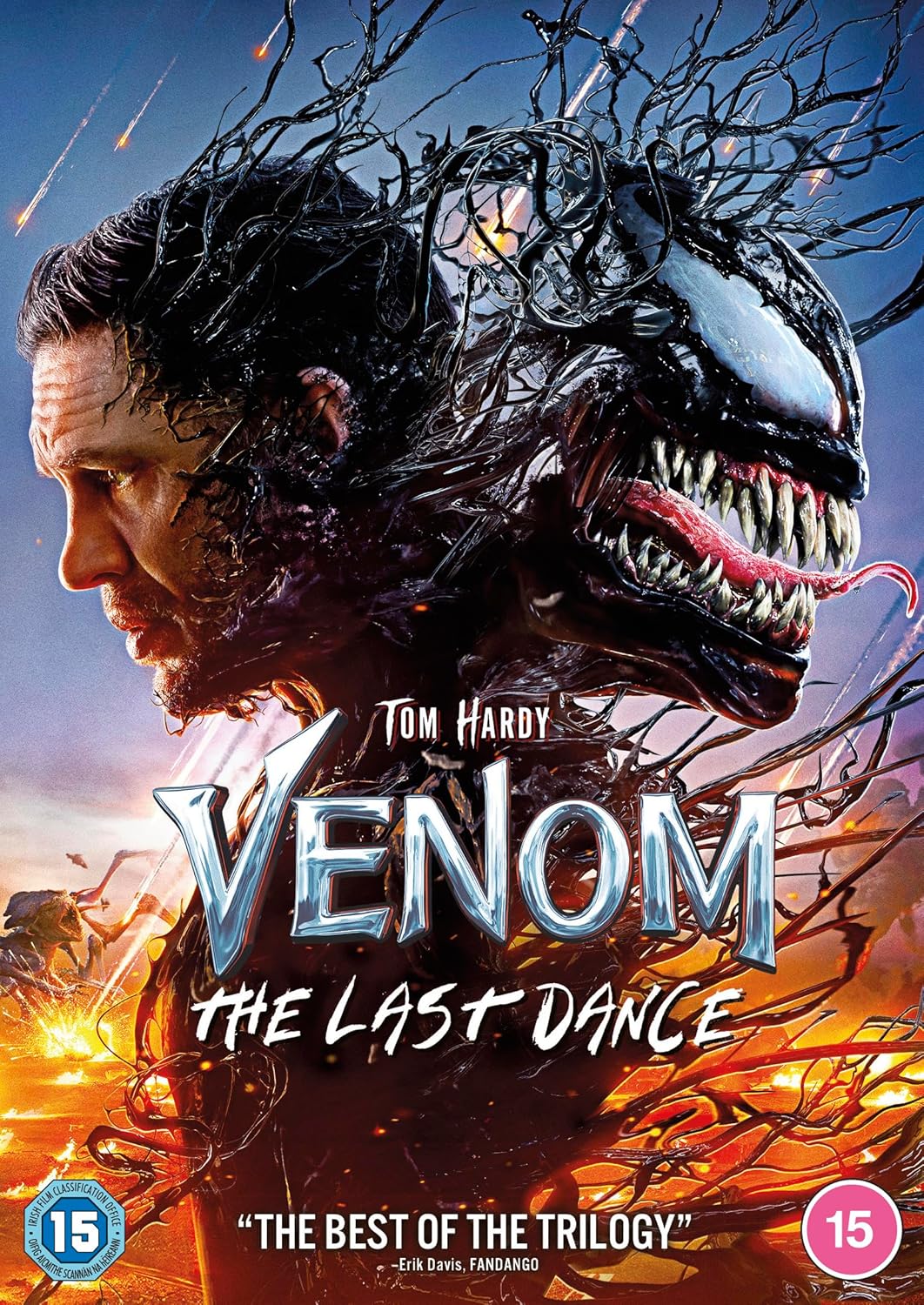 DVD cover for 'Venom: The Last Dance' featuring a stylized image of the character Venom with a human face superimposed on it, set against a fiery background. The DVD is rated 15+ and is in DVD-Video, PAL format.