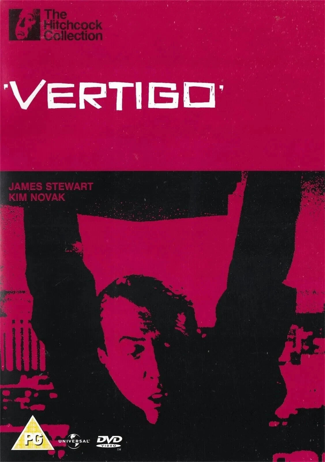 DVD cover of 'Vertigo' from The Hitchcock Collection with a pink background and black silhouette.