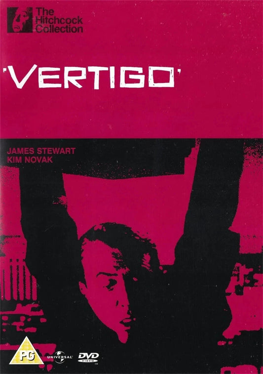 DVD cover of 'Vertigo' from The Hitchcock Collection with a pink background and black silhouette.
