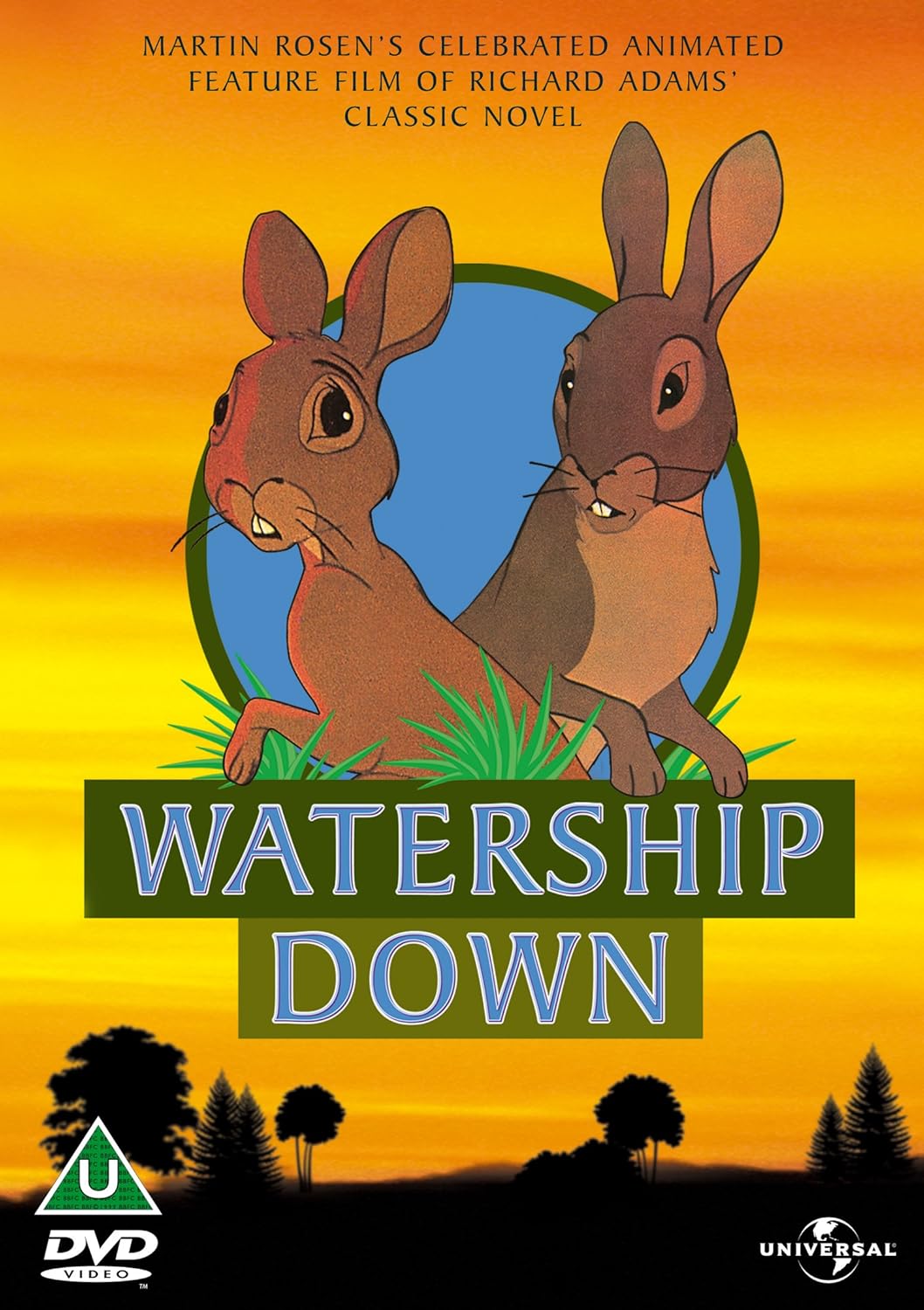 DVD cover of 'Watership Down' with two rabbits on a yellow background