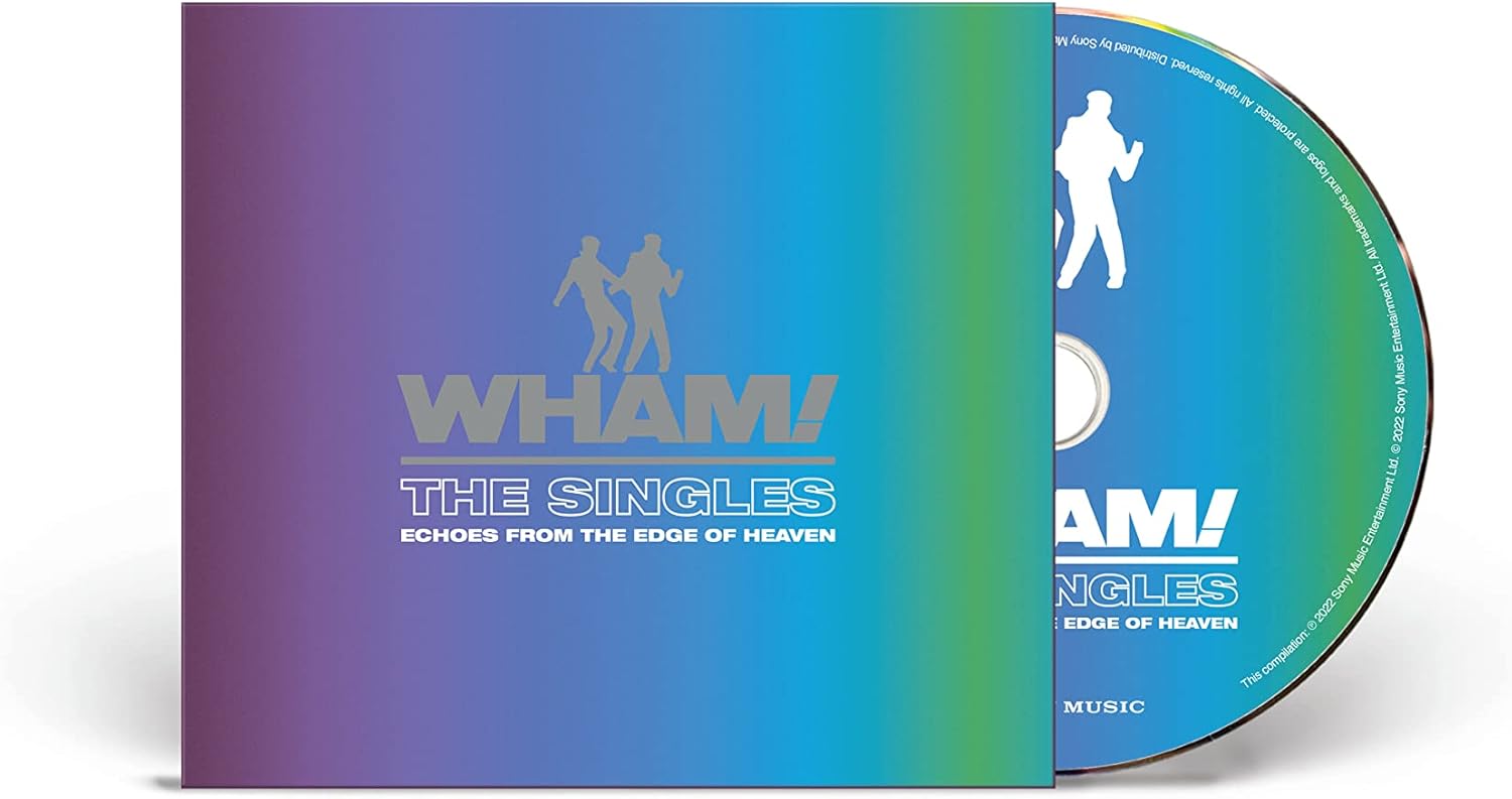 A CD of Wham! The Singles: Echoes From the Edge of Heaven with a colorful cover showing the band's logo and a silhouette of a person dancing.