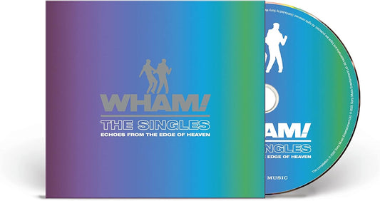 A CD of Wham! The Singles: Echoes From the Edge of Heaven with a colorful cover showing the band's logo and a silhouette of a person dancing.