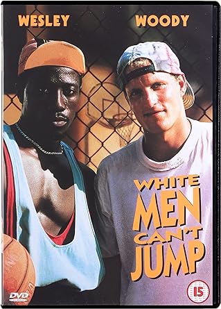 DVD cover for the movie 'White Men Can't Jump' featuring two male characters prominently with a basketball in the foreground.
