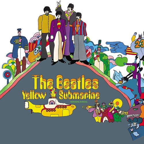 Album cover for 'The Beatles Yellow Submarine' with colorful characters and a yellow submarine.