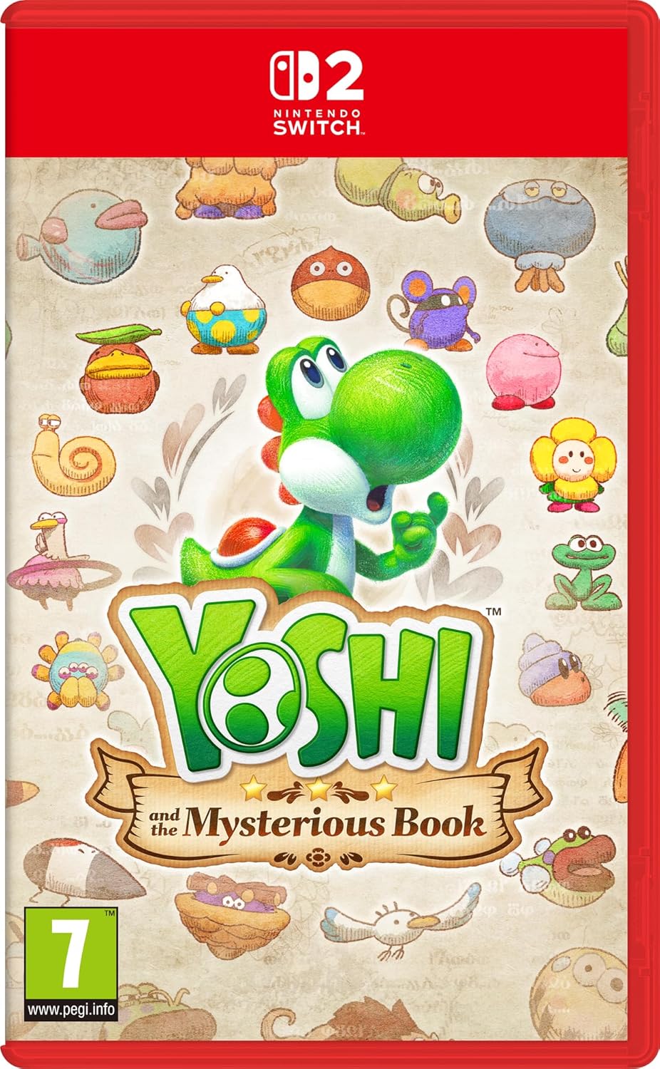 Nintendo Switch game cover for 'Yoshi and the Mysterious Book' with Yoshi character and colorful design.
