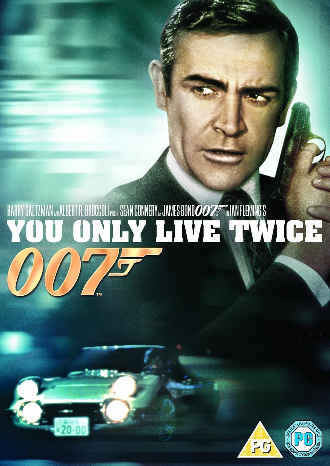 James Bond movie poster for 'You Only Live Twice' with a car and character holding a phone.