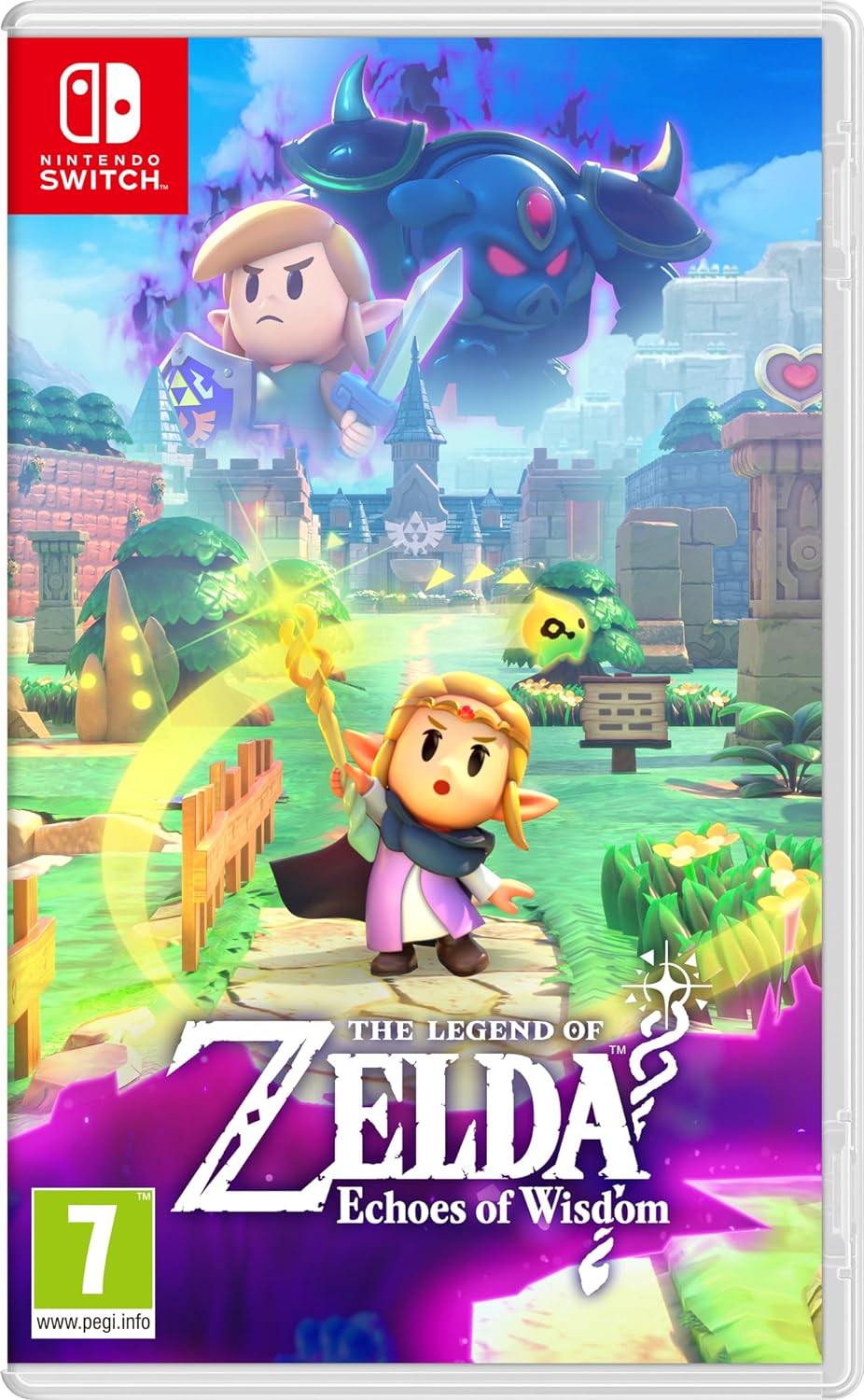 The Legend of Zelda: Echoes of Wisdom game cover for Nintendo Switch, featuring the character Link with a fantasy landscape in the background.