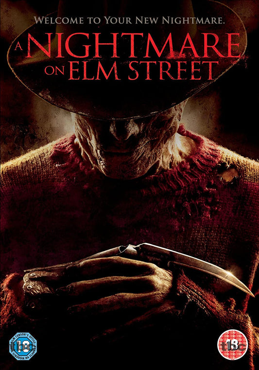 DVD cover for 'A Nightmare On Elm Street' featuring an image of a person with a red sweater and hat, holding a knife, with a blurred background.