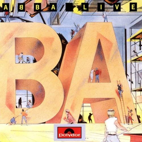 CD cover art for 'Abba Live' featuring a stylized illustration of the band members in performance attire with a large 'ABBA' text in the background.