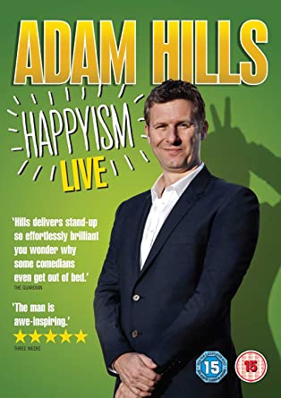 DVD cover for Adam Hills: Happyism Live 2013 featuring a man in a suit with a shadow of a claw or a puppet on the background, indicating a humorous or comedic theme.