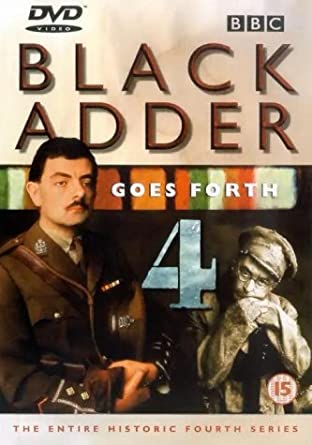 DVD cover for 'Blackadder 4 - Blackadder Goes Forth' featuring portraits of the main characters with a historical war setting backdrop.