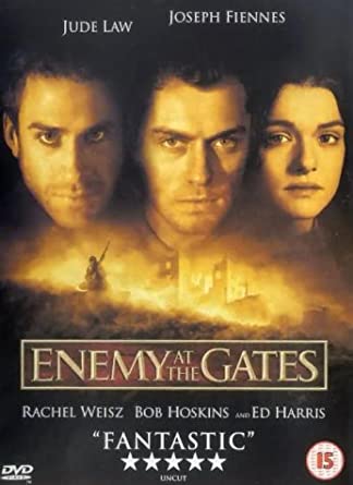 DVD cover for the movie 'Enemy at the Gates' featuring three main characters with a dramatic background.