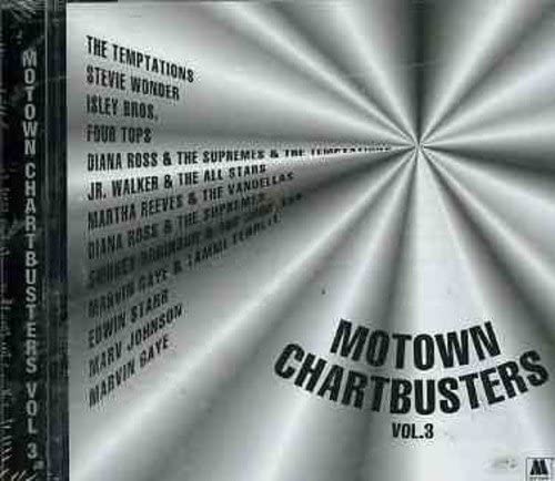 Cover of the audio CD 'Motown Chartbusters Volume 3' featuring a list of artists and track names with a silhouette of a woman and a man singing.