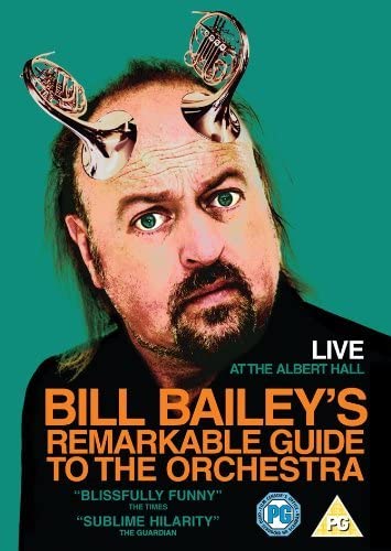DVD cover for 'Bill Bailey's Remarkable Guide To The Orchestra' featuring a man with deer antlers and a conductor's baton, against a blue background with the title text.