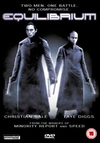 DVD cover featuring two male characters from the film Equilibre, with the actors' names below their respective images.