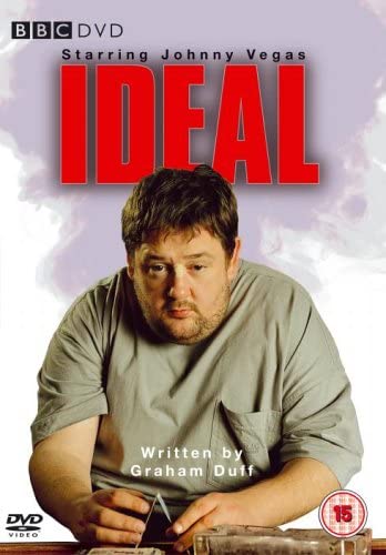 DVD cover for 'Ideal - Series 1' featuring a man in a grey shirt and pants, with the title 'Ideal' prominently displayed.