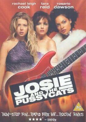 This image features the cover art for the DVD movie "Josie and the Pussycats." The cover prominently displays the three main characters of the film, each portrayed in a stylized fashion that highlights their personalities and the film's playful, edgy vibe.