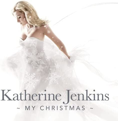 Cover of Katherine Jenkins' album 'My Christmas' featuring a white and gray image of Katherine Jenkins with snowflakes around.