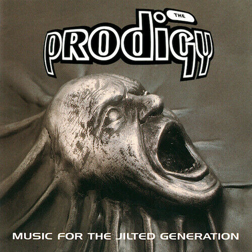 This image features the album cover for "Music for The Jilted Generation" by The Prodigy. The artwork is striking and avant-garde, displaying a distorted, screaming face in a dark, textured background that gives a sense of agitation and intensity.